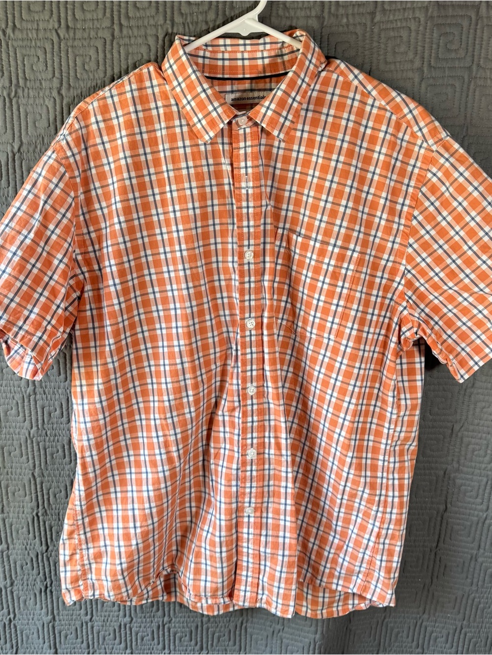 Amazon Essentials Mens Shirt XL Poplin Short Sleeve Orange Blue Plaid S17AE30001